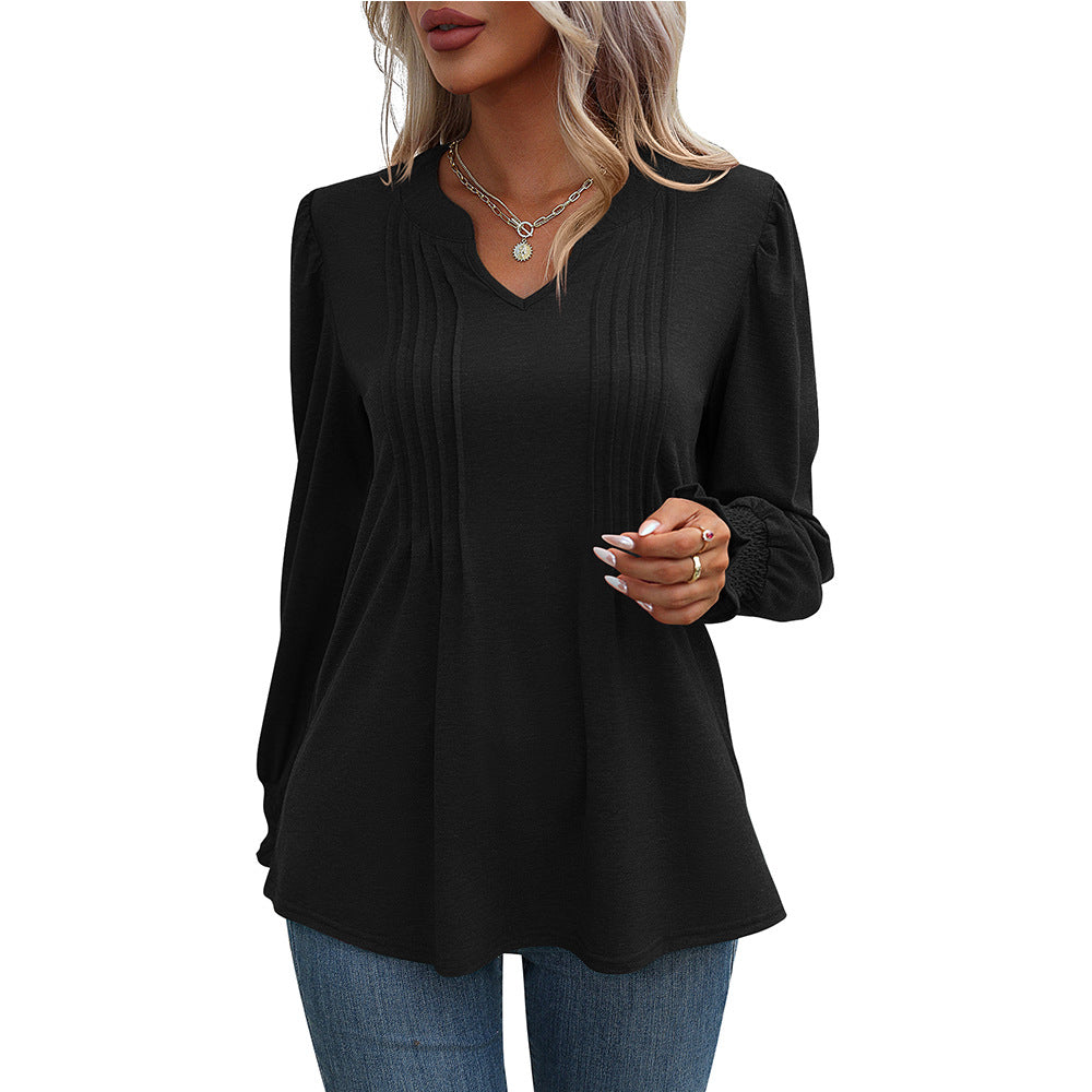 Women's Solid Color Casual Puff Sleeve Smocking Blouses