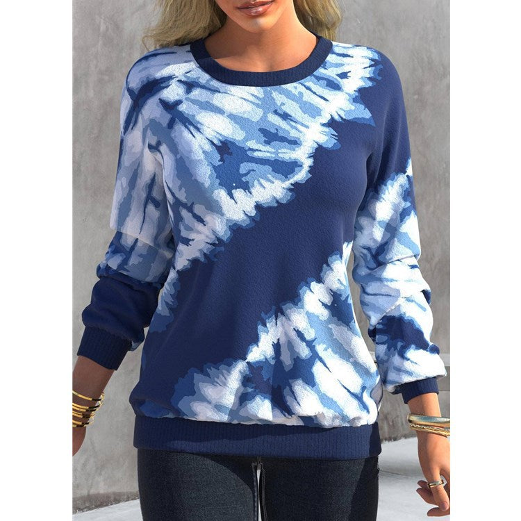 Women's Autumn Tie-dyed Printed Round Neck Raglan Long Sleeve Sweaters