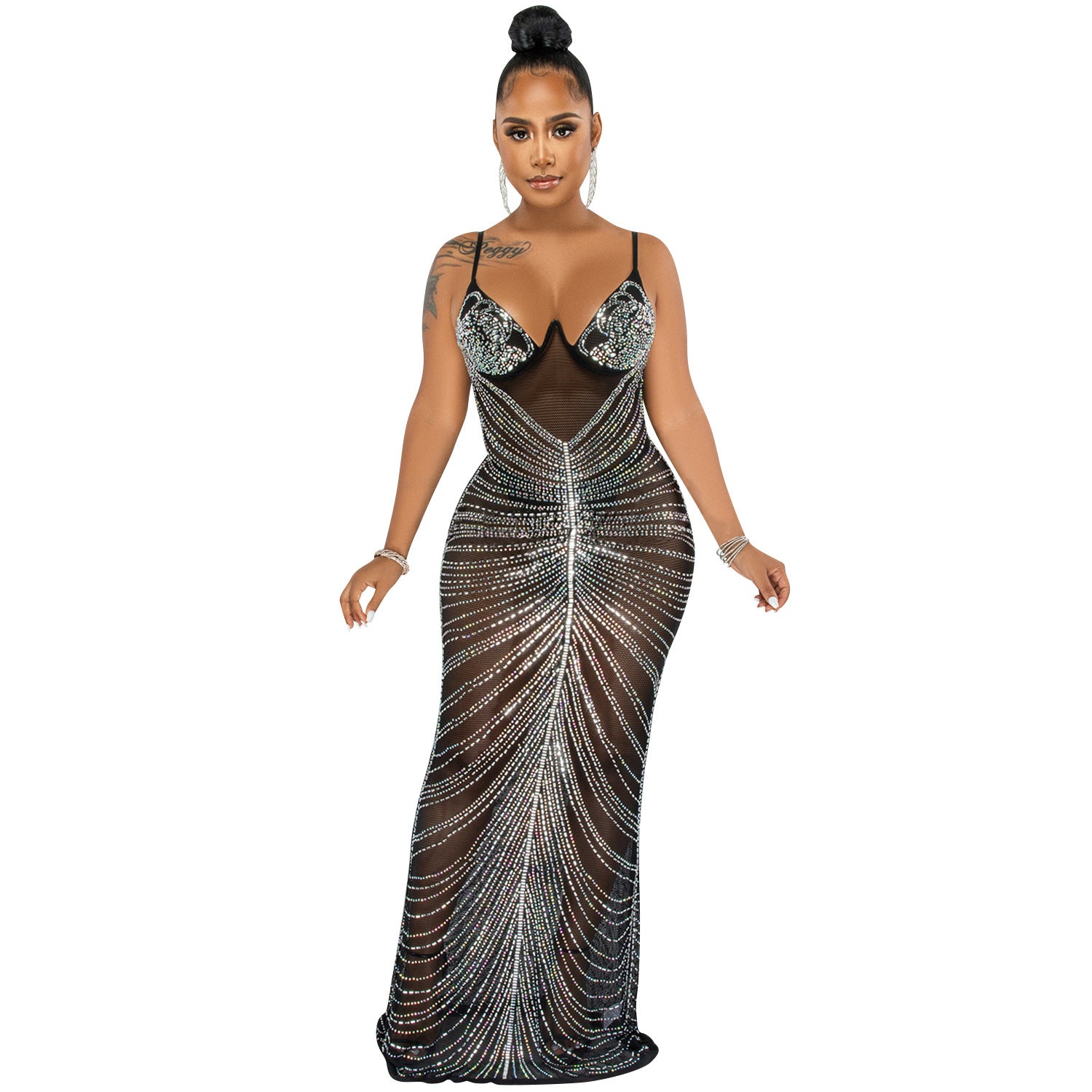 Rhinestone Sexy Spaghetti Straps Chest Wrap Mesh Dresses