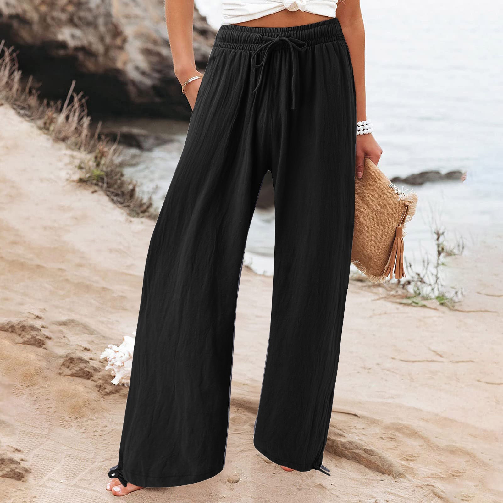 Elastic Casual Solid Color Trousers Wide Pants