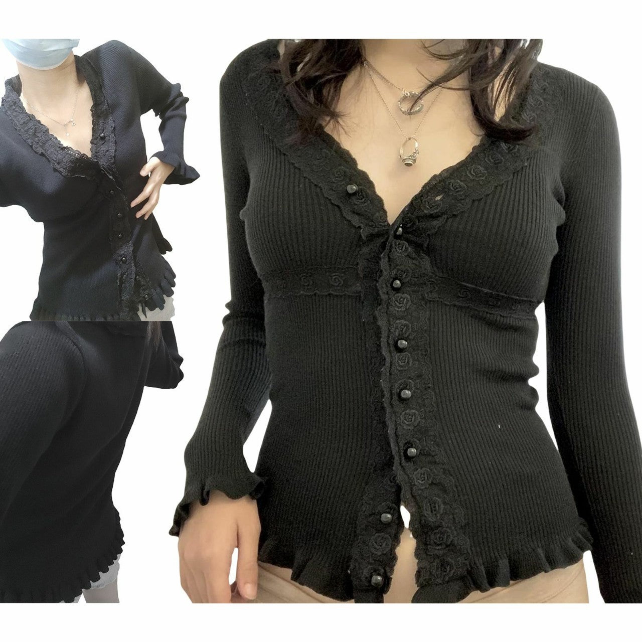 Low Collar Lace Access Control Vertical Sweaters