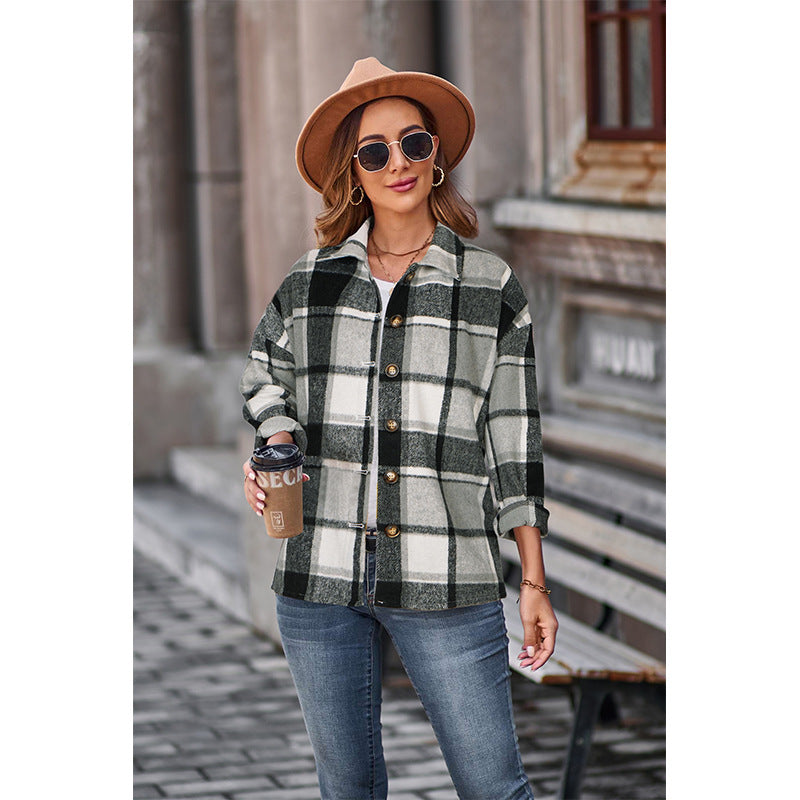 Women's Long Sleeve Loose Plaid Shirt Mid-length Coats