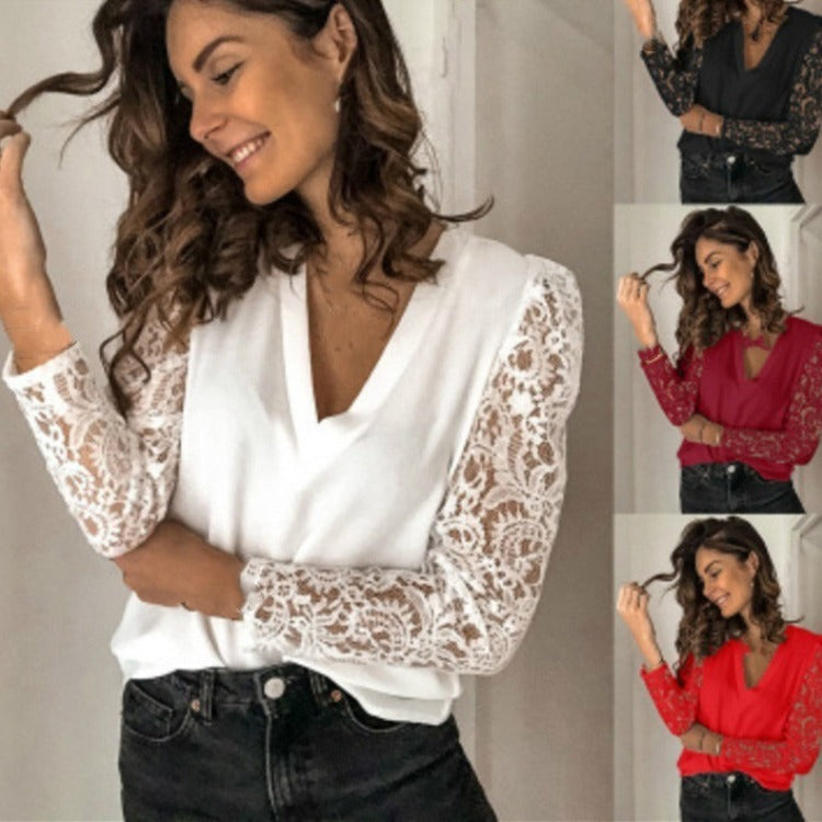 Women's Original Single Stitching Lace Long Sleeve Slim Blouses