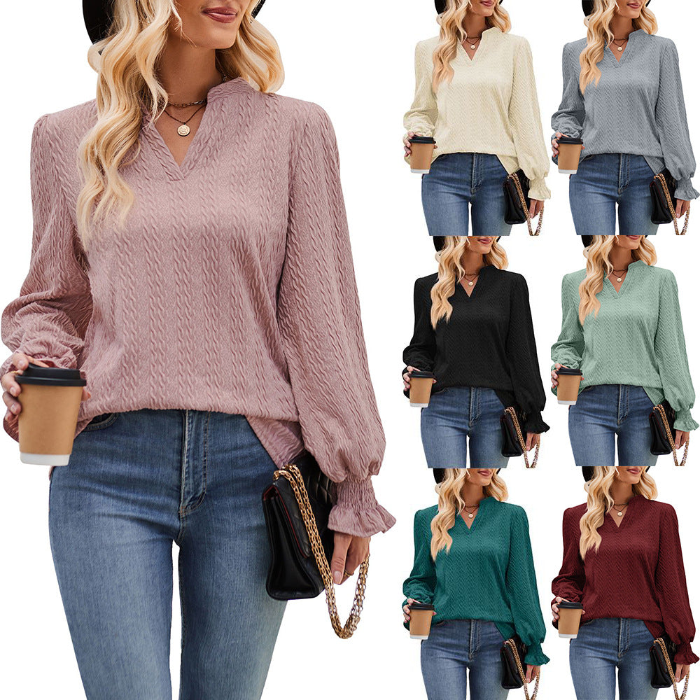 Women's Solid Color Knitted Jacquard Long-sleeved T-shirt Blouses