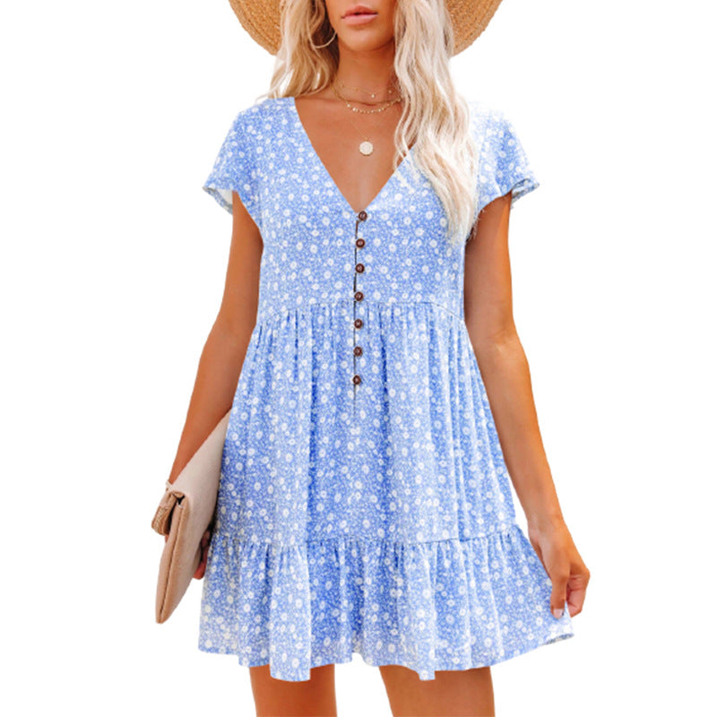 Women's V-neck Buttons Small Floral Sleeve Loose Casual Dresses