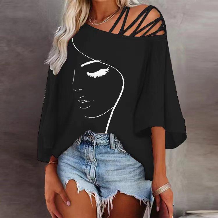 Trendy Stitching Loose Diagonal Collar Printed Blouses