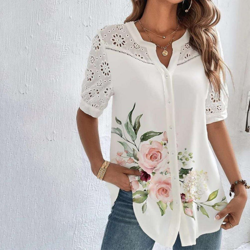 Women's Fashionable Breasted Lapel Short-sleeved Shirt Blouses