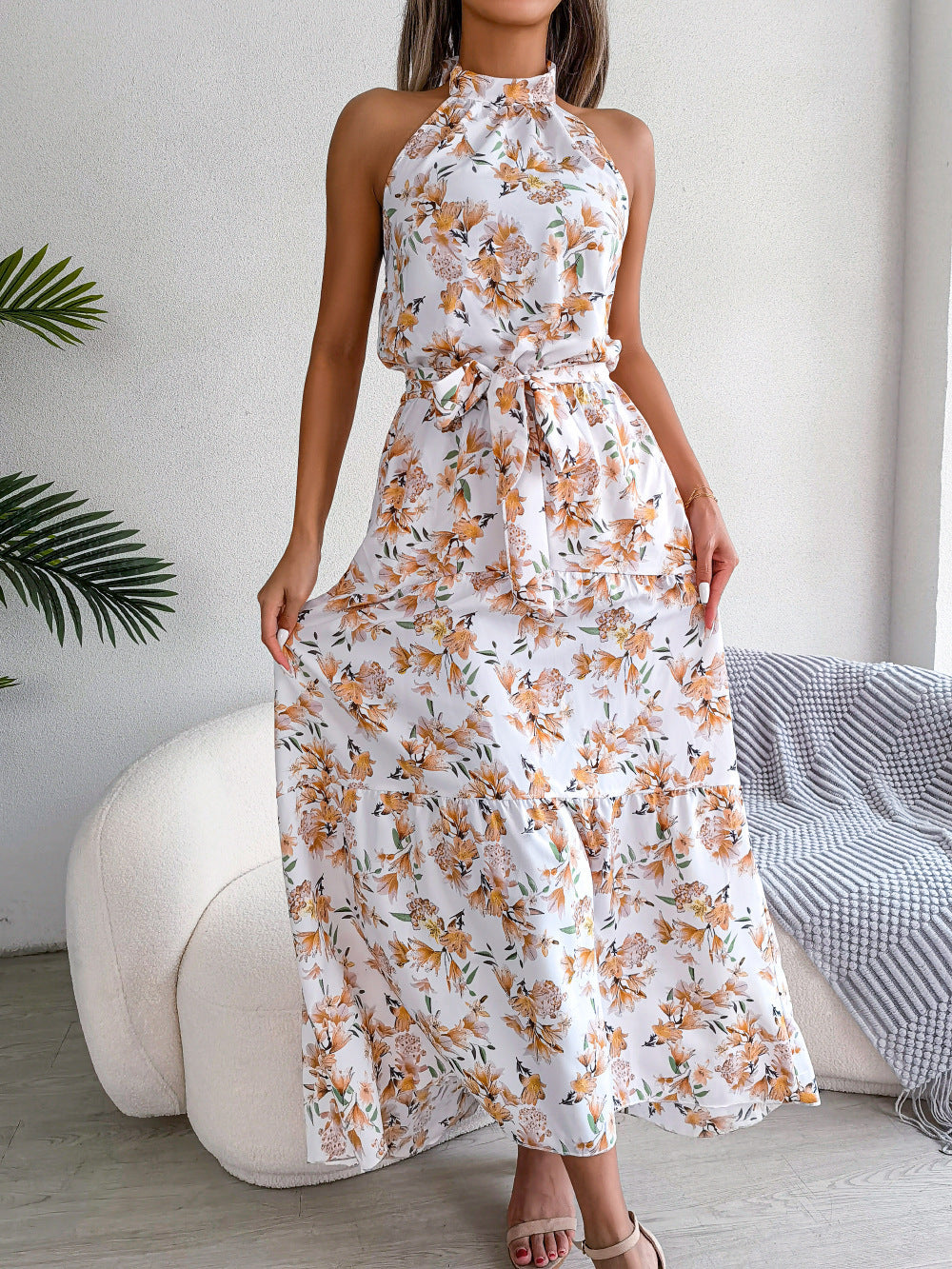 Women's Halter Backless Floral Irregular Swing Printed Dresses