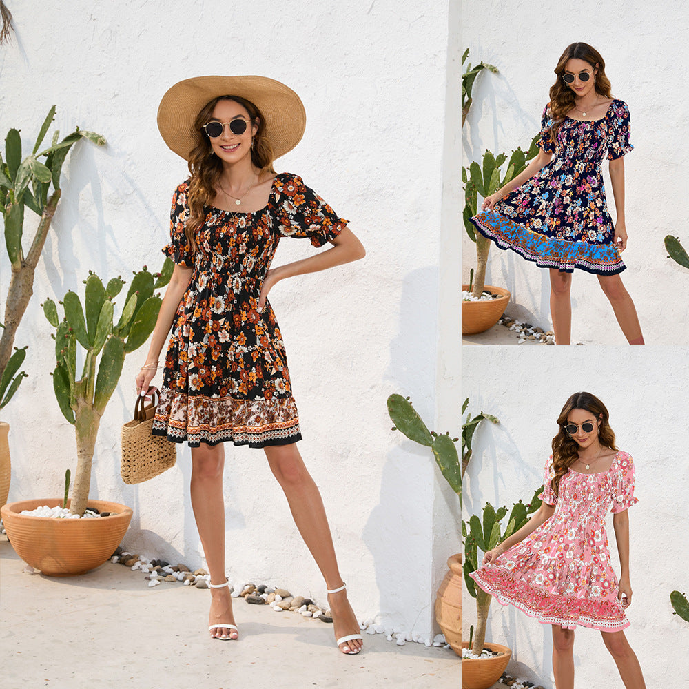 Women's Floral Printed Dress Bohemian Leisure Vacation Dresses