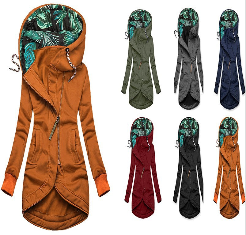 Women's Zipper Solid Color Printing Hooded Long Sweaters