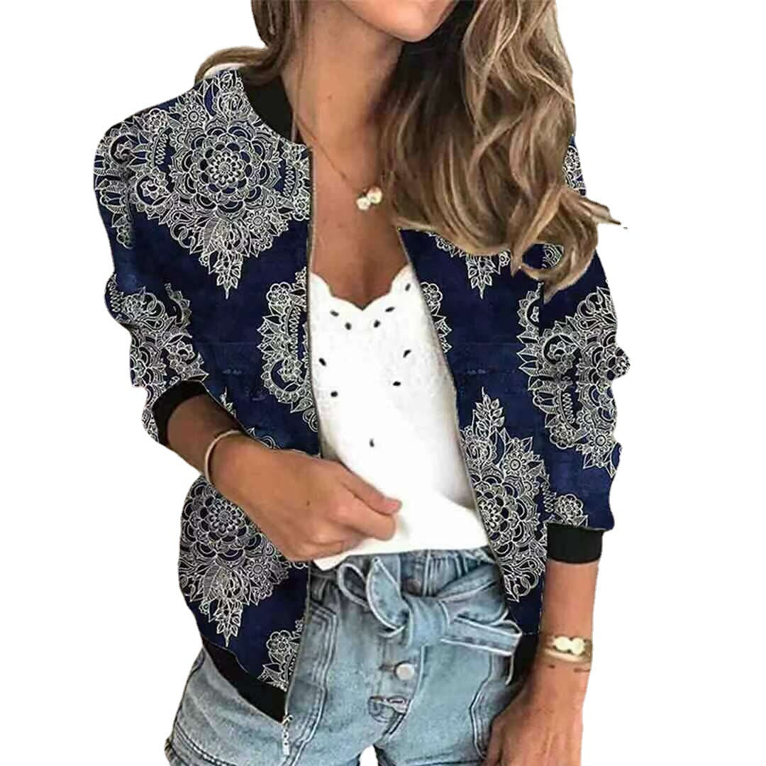 Women's Autumn Retro Casual Digital Printing Zipper Coats