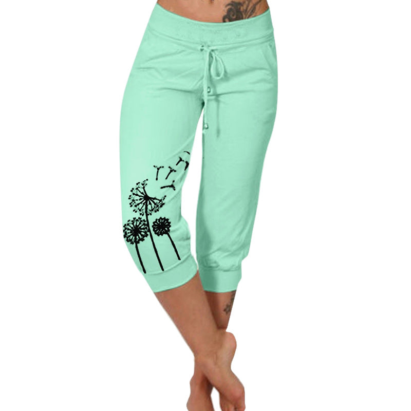 Women's Printed Waist Elastic Drawstring Design Casual Pants