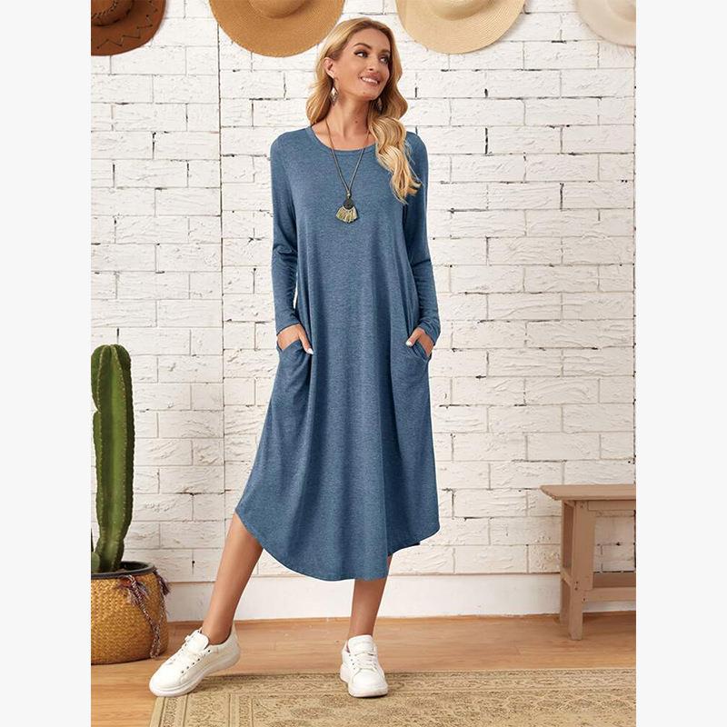 Women's Solid Color Casual Long-sleeved Dress Curved Dresses