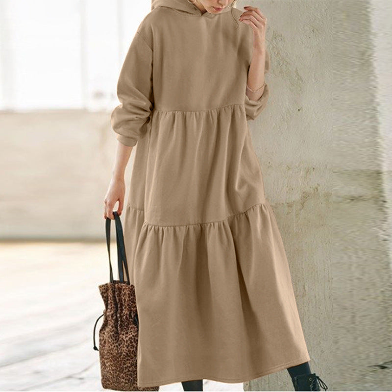 Women's Solid Color Hoodie Long Dress Retro Sweaters