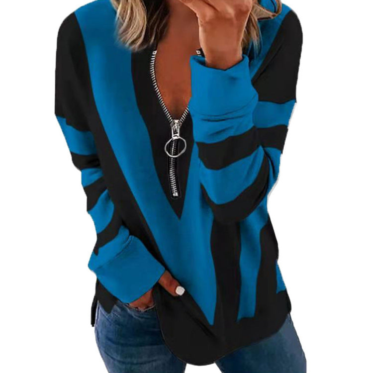 Women's V-neck Zipper Personalized Printed Long-sleeved Blouses