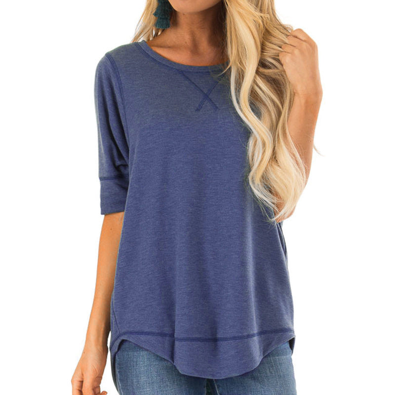 Women's Round Neck Long Sleeve T-shirt Solid Color Loose Back Blouses