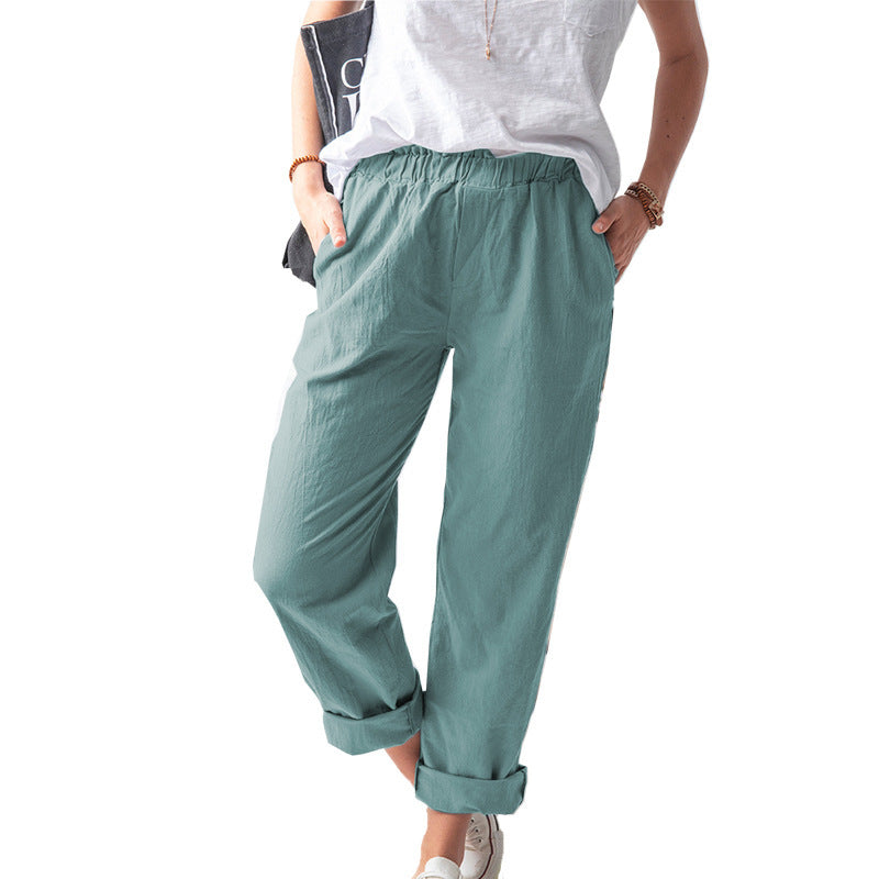 Women's Linen Trousers Solid Color Elastic High Waist Pants