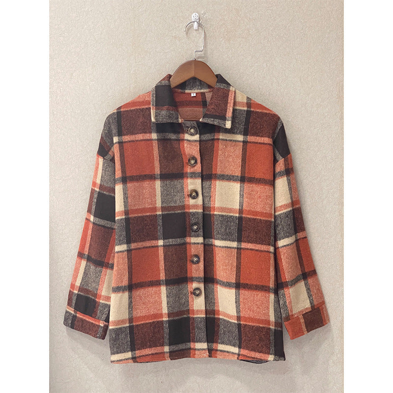 Women's Long Sleeve Loose Plaid Shirt Mid-length Coats