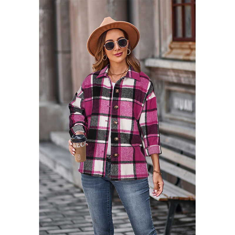 Women's Long Sleeve Loose Plaid Shirt Mid-length Coats