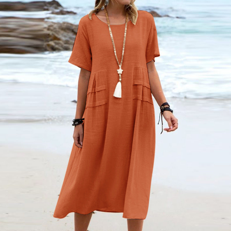 Women's Linen Solid Color Round Neck Sleeves Dresses