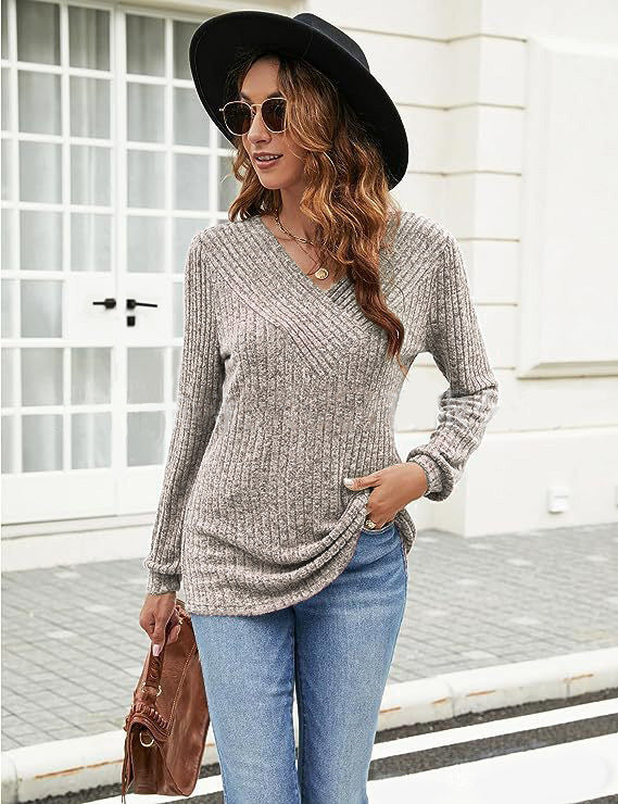 Women's Long Sleeve Casual Sunken Stripe Sweaters