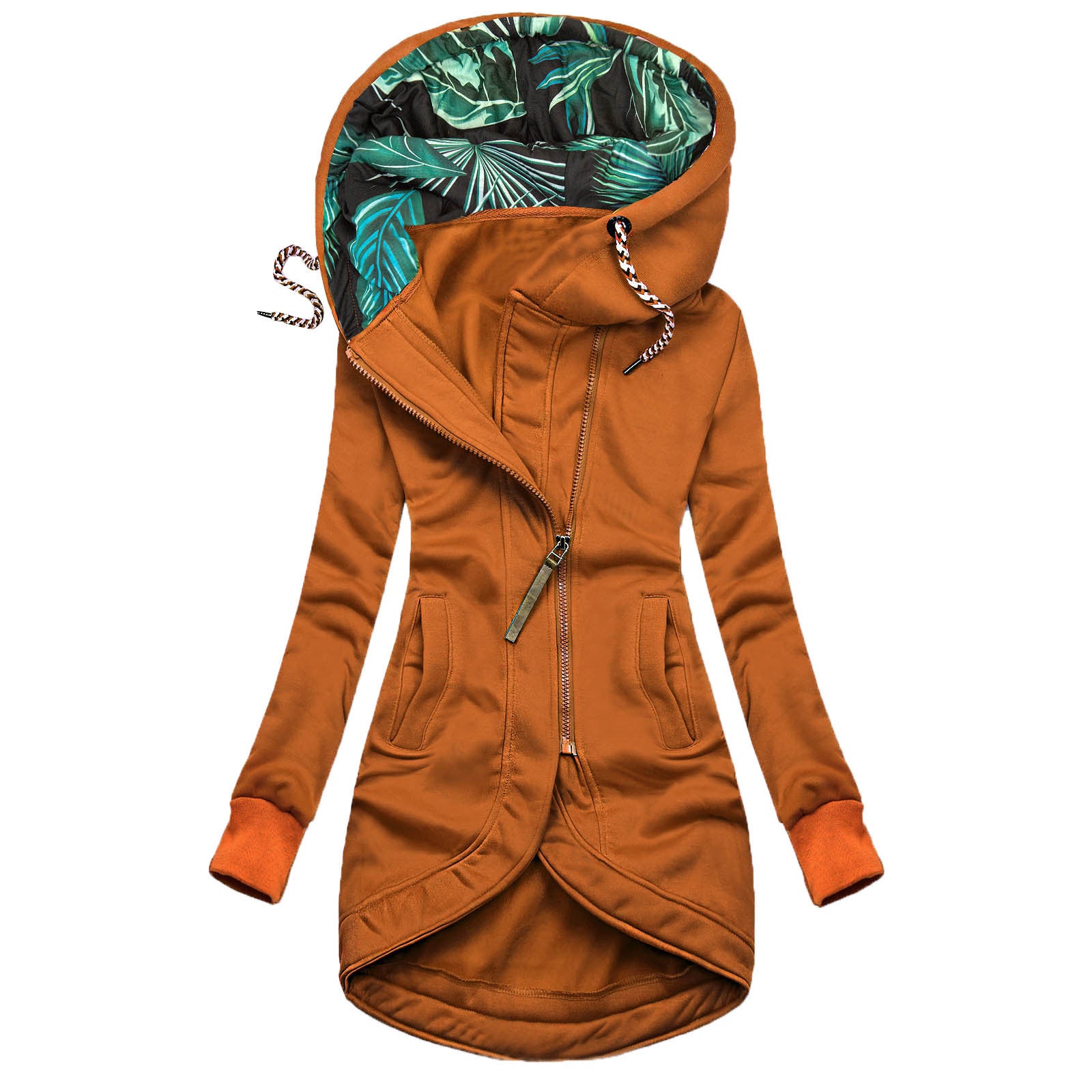 Women's Zipper Solid Color Printing Hooded Long Sweaters