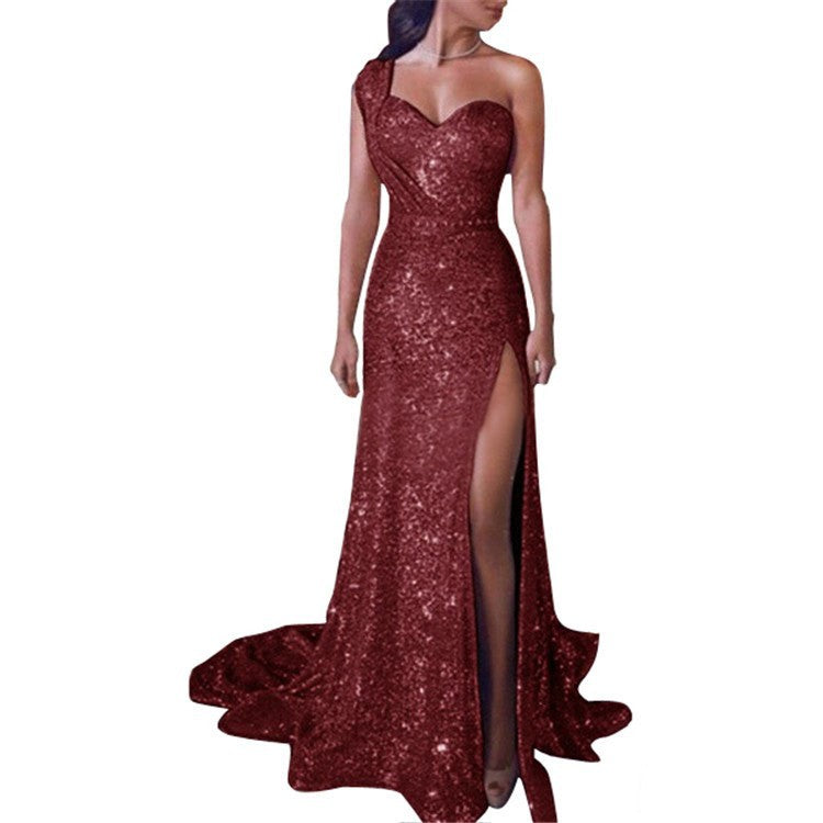 Women's Banquet Temperament Sexy One-shoulder Long Gilding Dresses