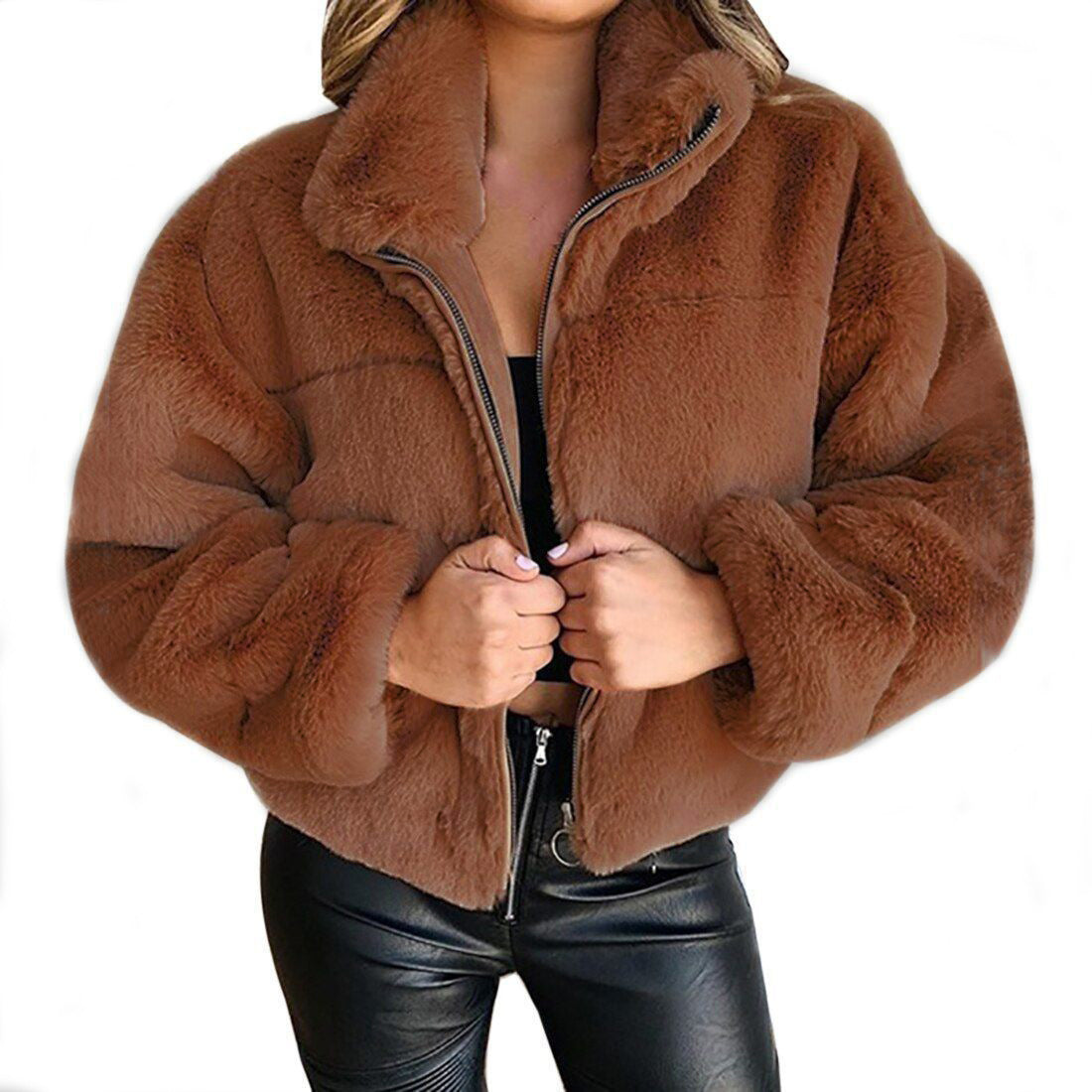 Women's Rabbit Fur Imitation Zipper Warm Plush Cardigans