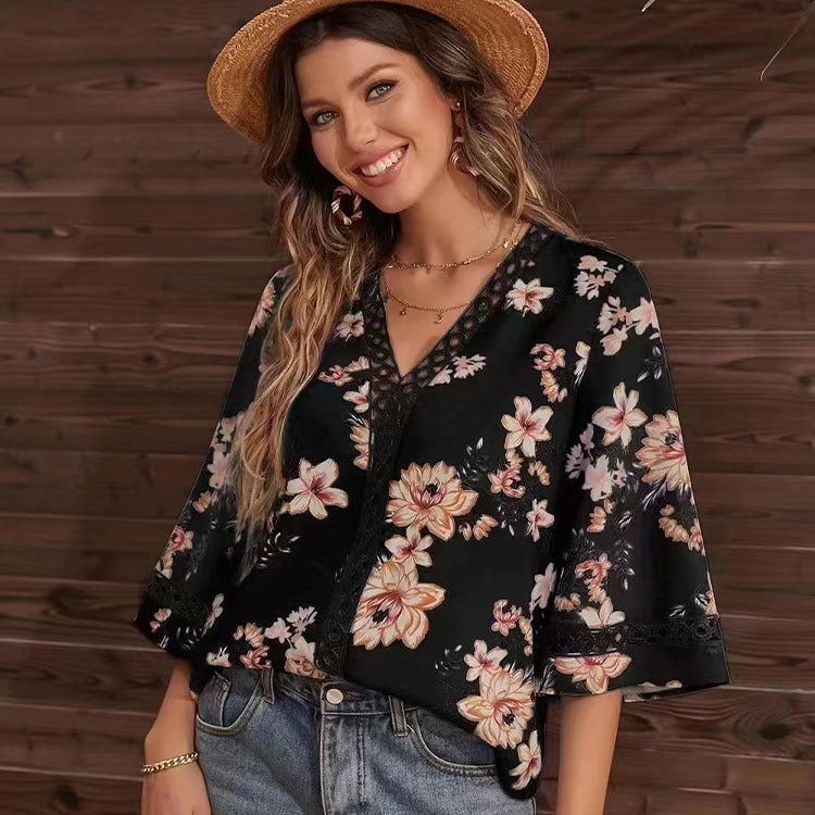 Summer Loose Temperament Commute Bell Sleeve Blouses