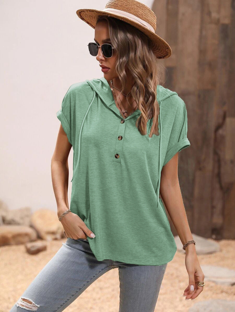 Women's Summer Loose Hooded Button Sleeve T-shirt Blouses