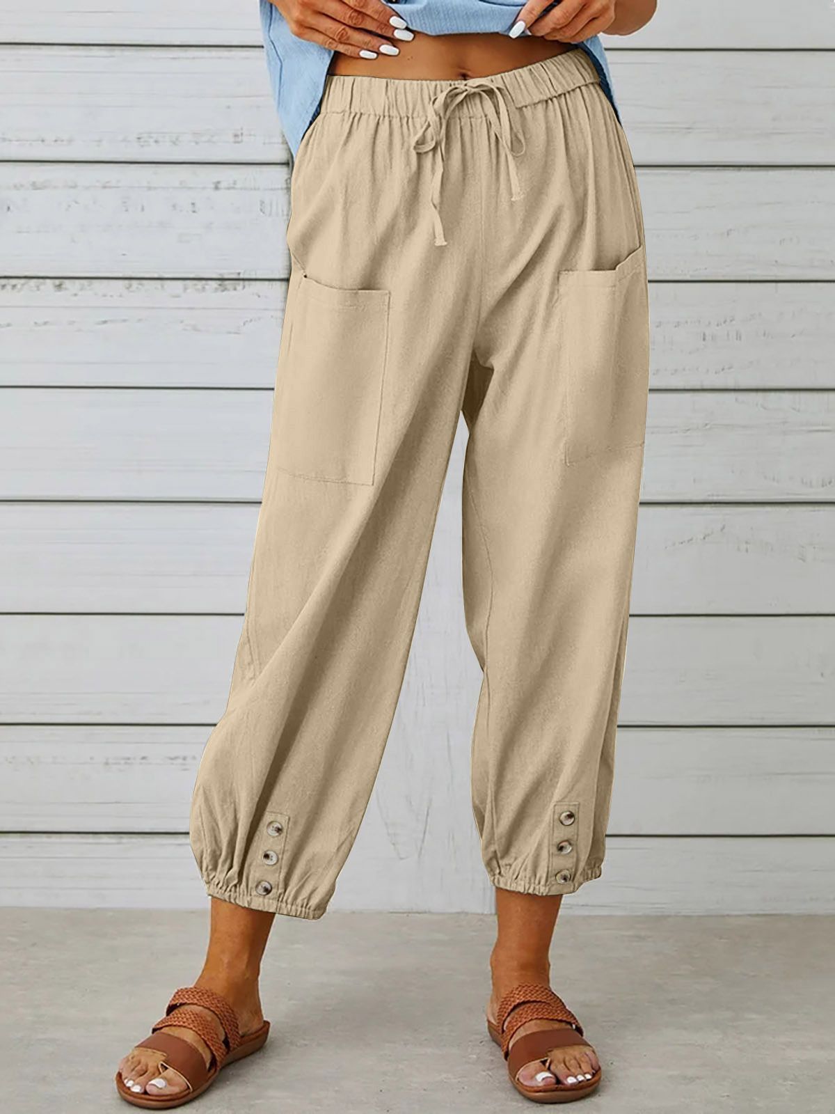 Women's Loose High Waist Button Cotton And Linen Trousers Pants