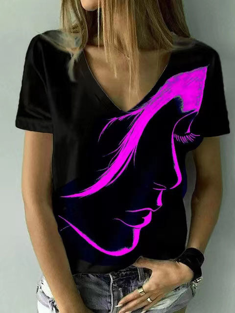 Women's V-neck Head Print Pullover Short-sleeved Blouses