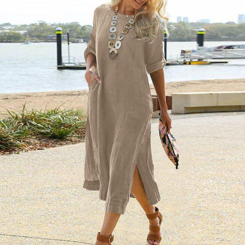 Retro Long Sleeve Slit Hemline At Dresses