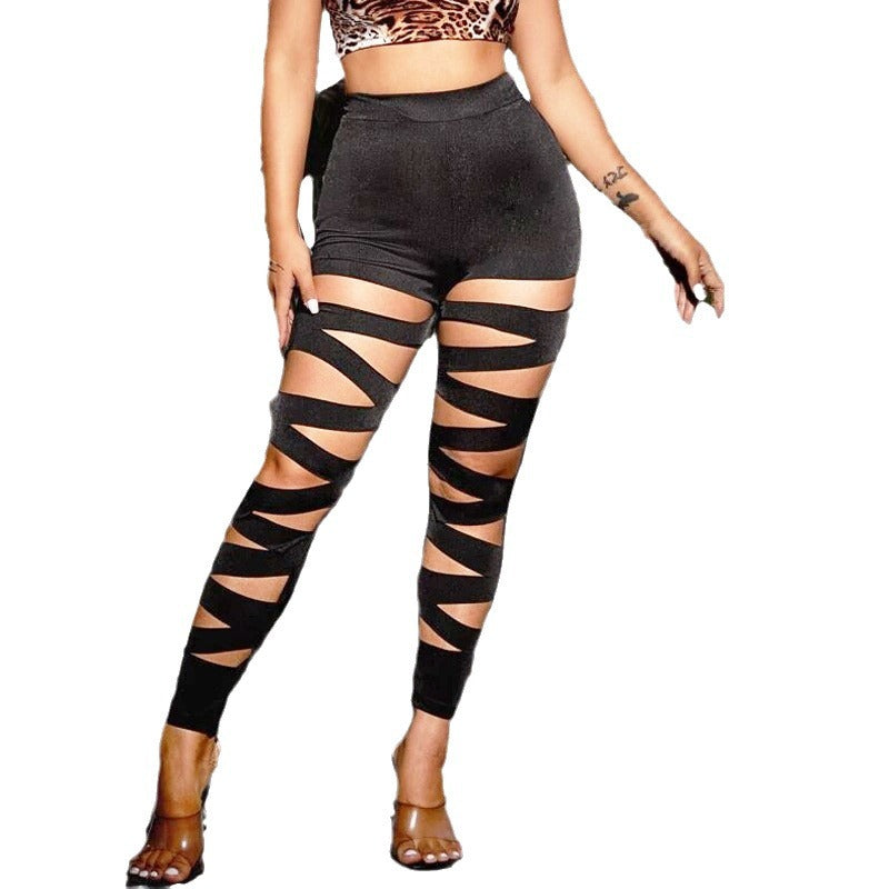 High Waist Bandage Design Black Cross Binding Ankle Legging