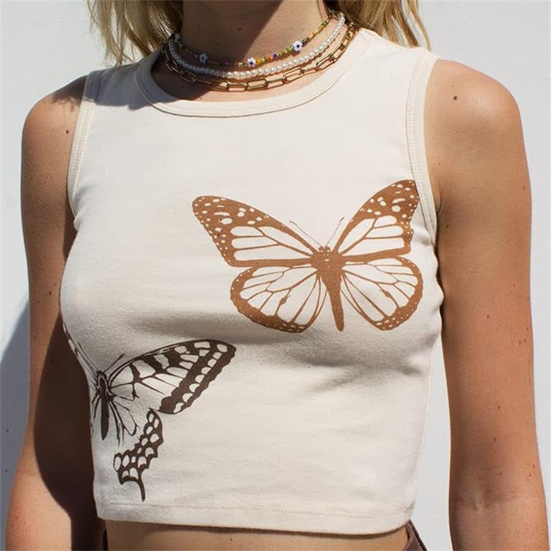 Women's Summer Butterfly Print Sleeveless Round Neck Blouses