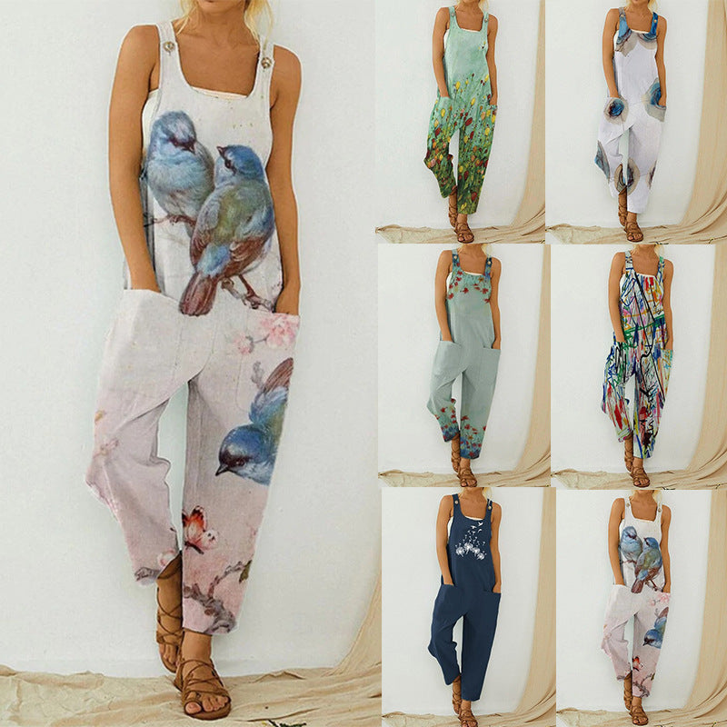 Women's Slouchy Retro Abstract Print Overalls Pants