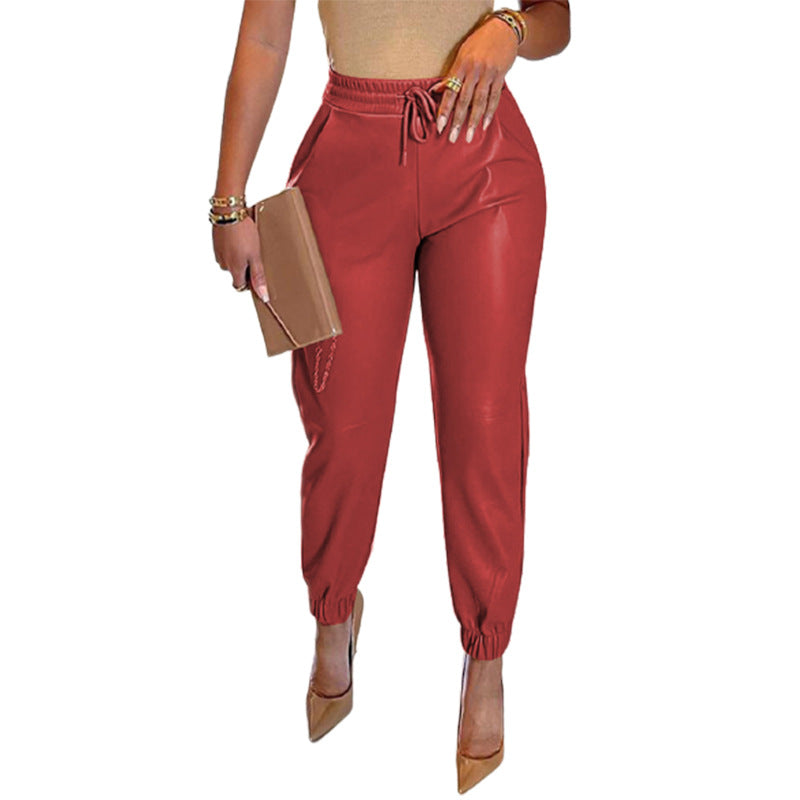 Women's Solid Color Drawstring Pocket Leather Casual Pants