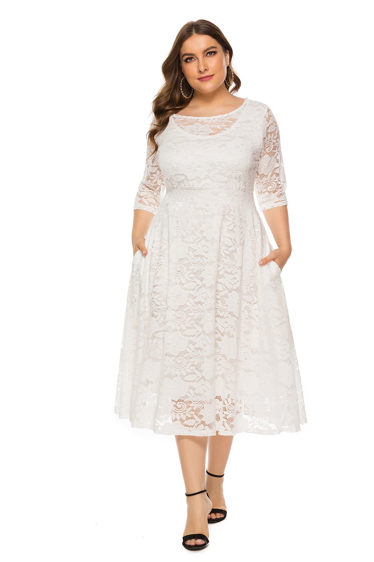 Slouchy Midi Hollow Lace Pocket Dress Dresses