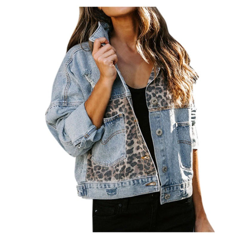 Women's Denim Long Sleeve Female Leopard Splicing Coats