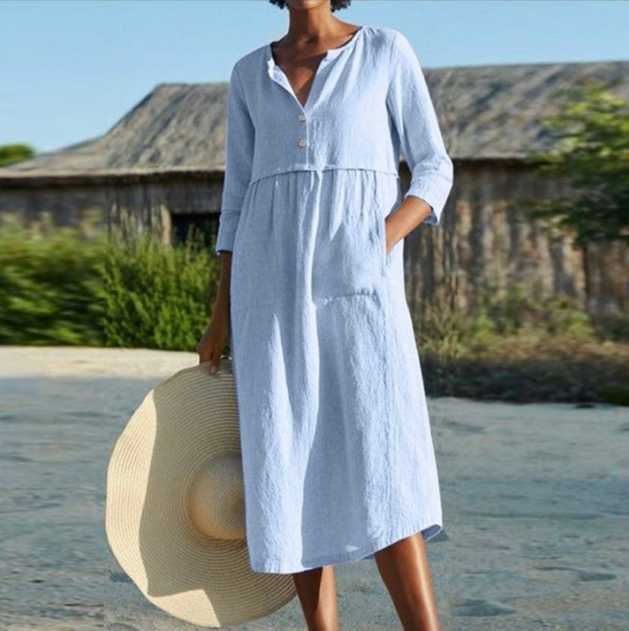 Round Neck Button Pocket Linen Half Dresses