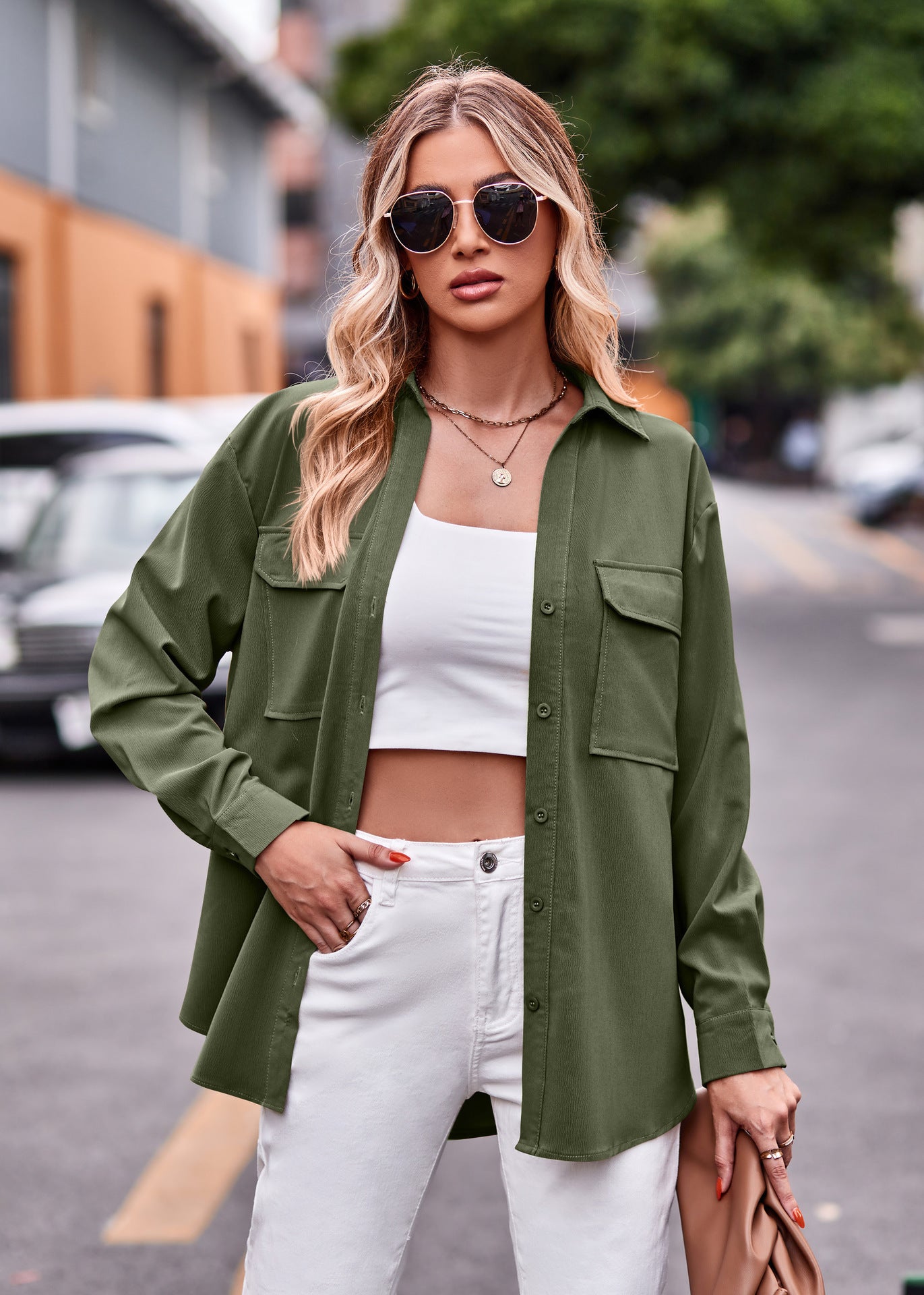 Commute Double Pocket Solid Color Single-breasted Long Blouses