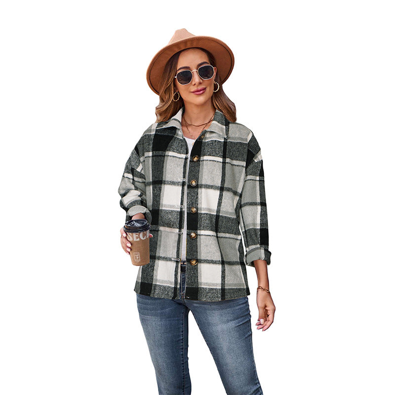 Women's Long Sleeve Loose Plaid Shirt Mid-length Coats