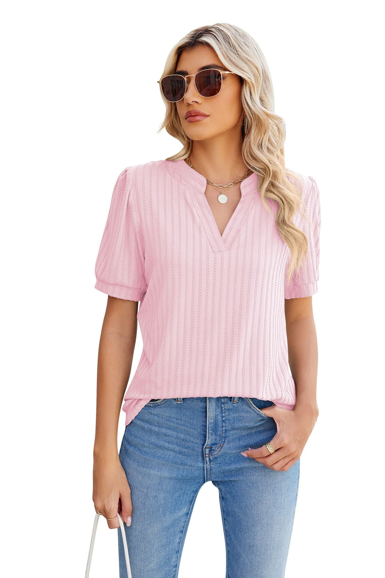 Women's Casual Solid Color Rib Fabric Puff Sleeve Blouses