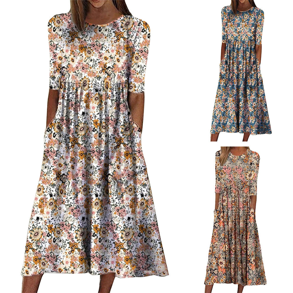 Women's Printed Round Neck Half Sleeve Loose Casual Dresses