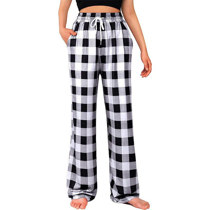 Women's Straight Casual Comfortable Drawstring Stretch Plaid Leggings