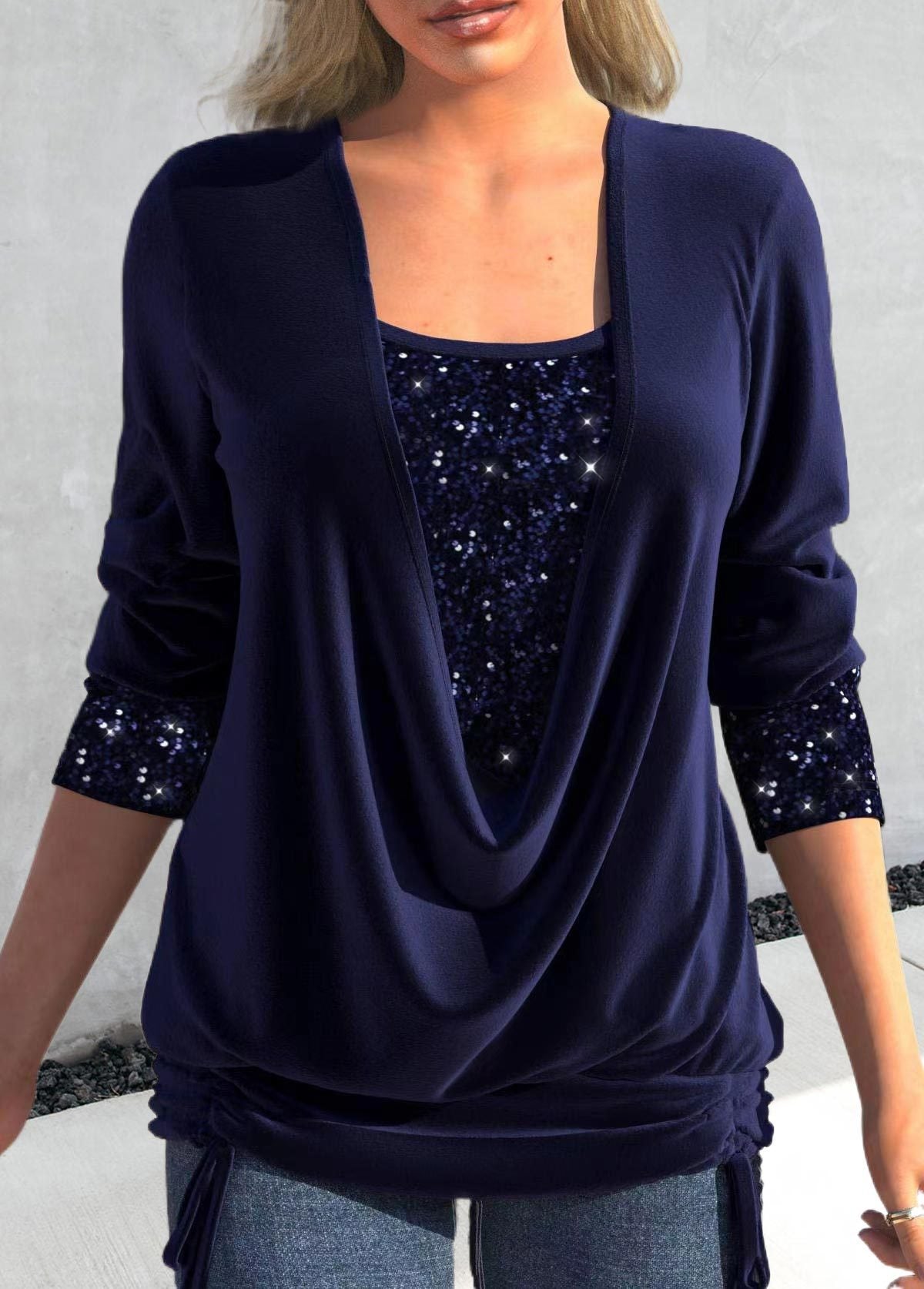 Women's Sequin Contrast Solid Color Long-sleeved Large Drop Collar Blouses