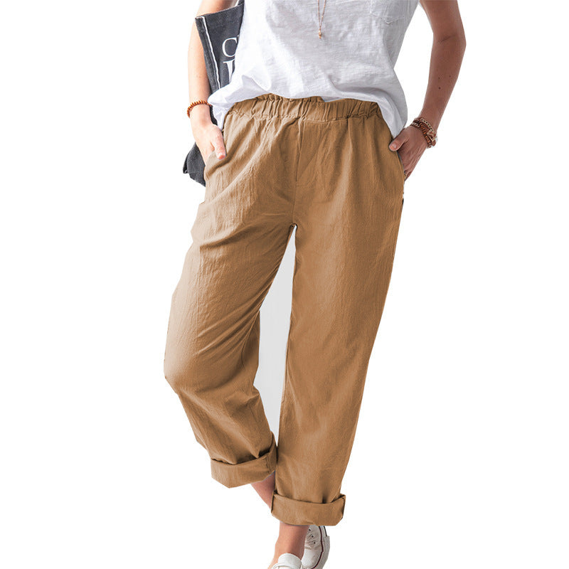 Women's Linen Trousers Solid Color Elastic High Waist Pants