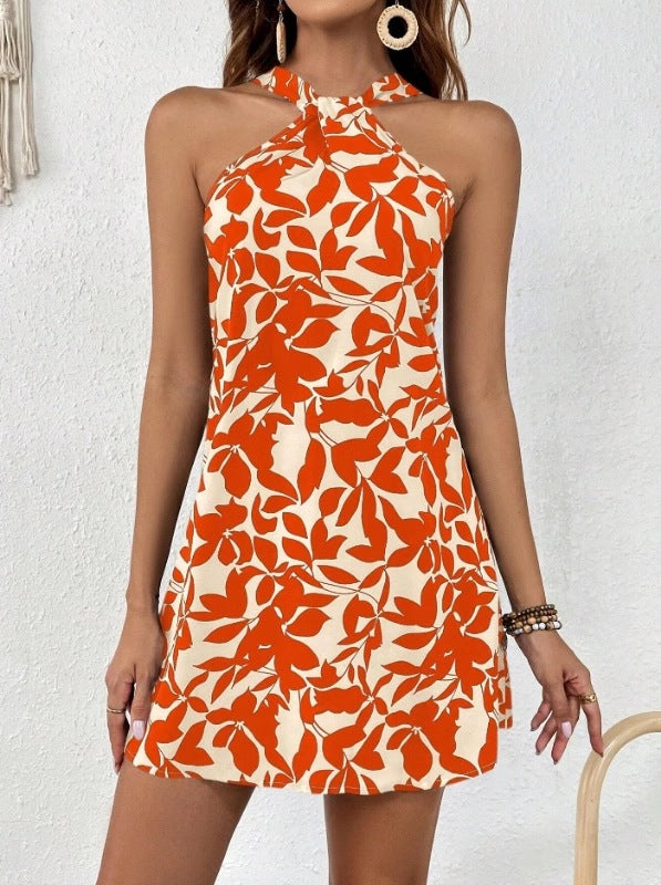 Women's Printed Sleeveless Backless Ruffled Halter Dress Dresses