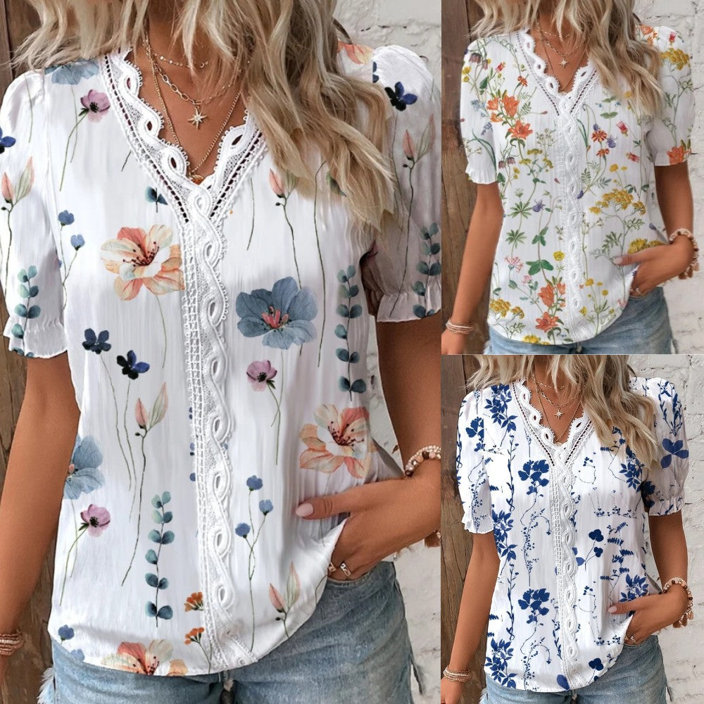 Women's Summer Lace Stitching Printing Shirt Blouses