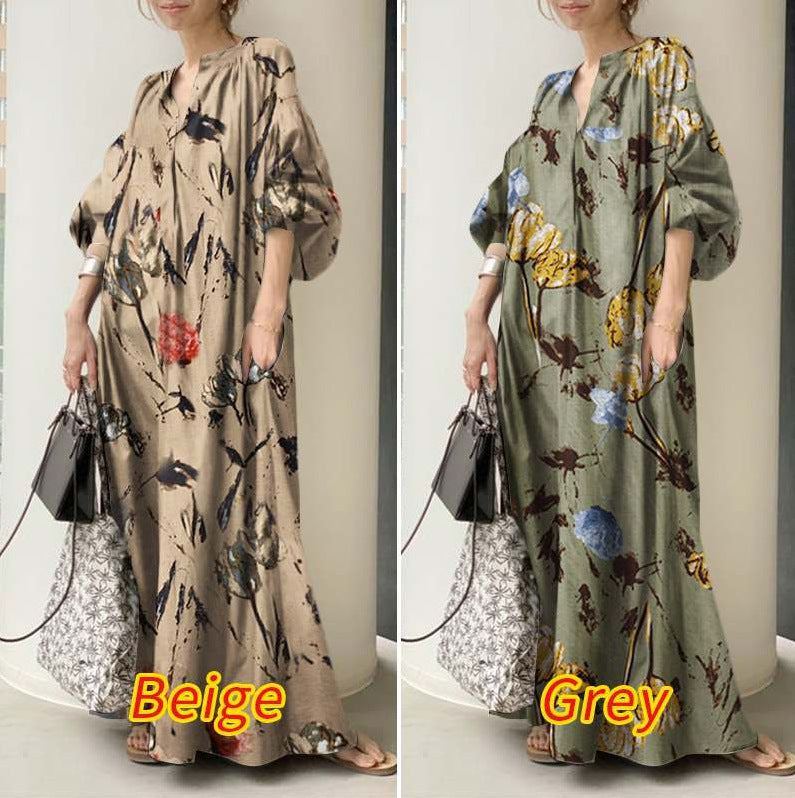 Women's Cotton Linen Printed V-neck Simple Loose Dresses